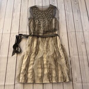 Vera Wang Lavender Label Beaded Mesh Illusion Cocktail‎ Dress Size 2 Gold Womens